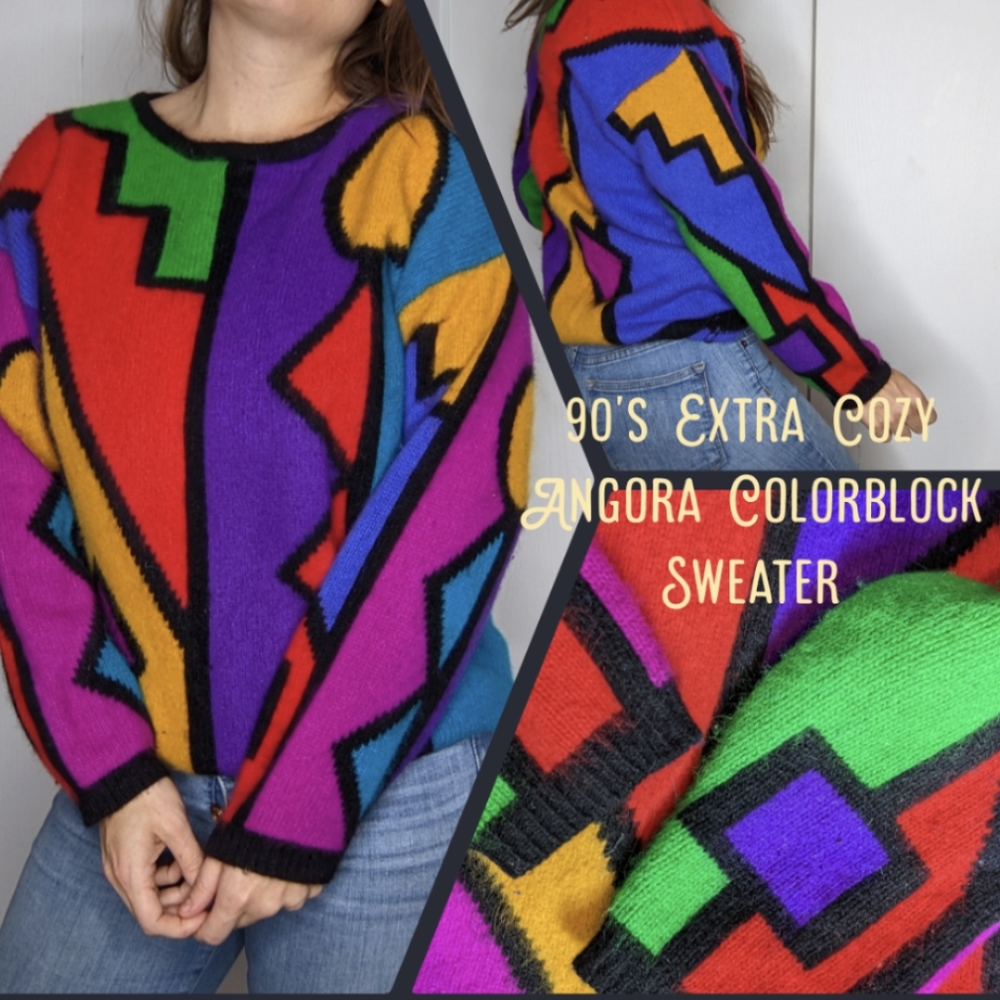 90's Colorblock Angora Geometric Sweater - Picture 2 of 14